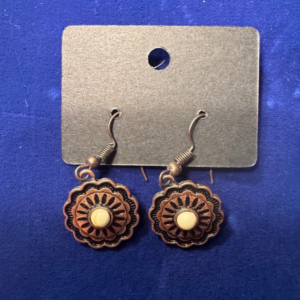 Antique Copper Tone Flower Drop Earrings White Faux Stone Boho Western Dangle